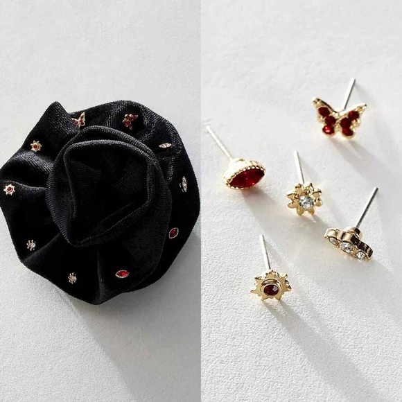 NWT Free People Rosette Stud Pack black Velvet pin, Gold and Red Earring Set - Picture 1 of 5
